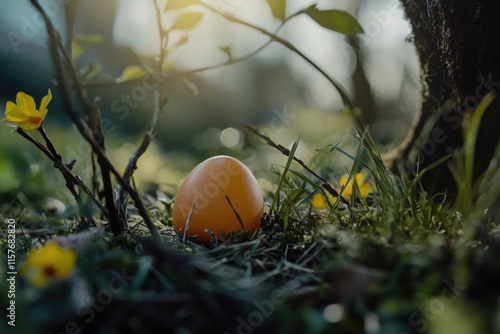 A solitary orange egg sitting on grass near a tree photo