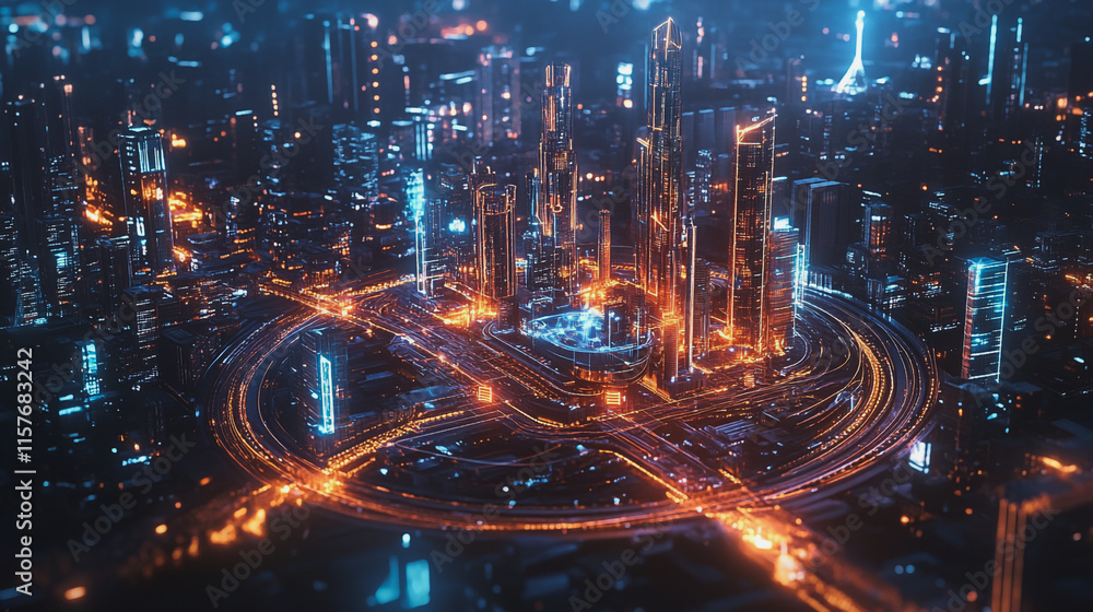 Smart digital Innovation city with connection network reciprocity over the cityscape. of future smart wireless digital city and social media networking systems that connects people with in city Smart digital Innovation city with connection network reciprocity over the cityscape. of future smart wireless digital city and social media networking systems that connects people with in city