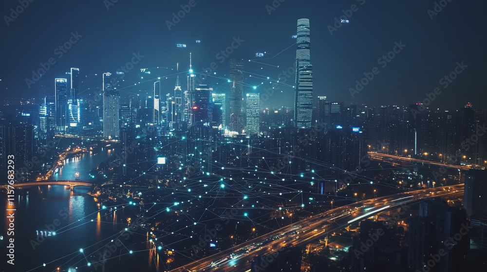 Smart digital Innovation city with connection network reciprocity over the cityscape. of future smart wireless digital city and social media networking systems that connects people with in city Smart digital Innovation city with connection network reciprocity over the cityscape. of future smart wireless digital city and social media networking systems that connects people with in city