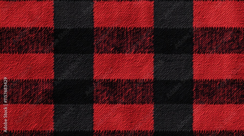 Close-up view of red and black buffalo plaid fabric pattern, showcasing alternating red and black squares with a textured look, commonly used in clothing for a classic and rustic aesthetic. Close-up view of red and black buffalo plaid fabric pattern, showcasing alternating red and black squares with a textured look, commonly used in clothing for a classic and rustic aesthetic.