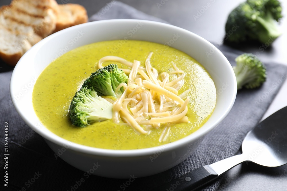 Delicious broccoli cream soup served on gray table, closeup Delicious broccoli cream soup served on gray table, closeup