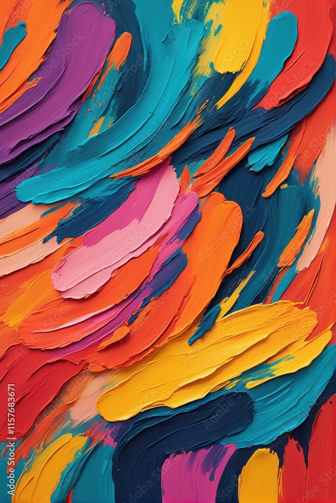 Obraz premium Colorful abstract painting with bold, textured brushstrokes in vibrant shades of orange, yellow, pink, purple, teal, and blue, dynamic and energetic composition