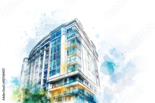 Watercolor illustration of a tall building with blue sky and green trees