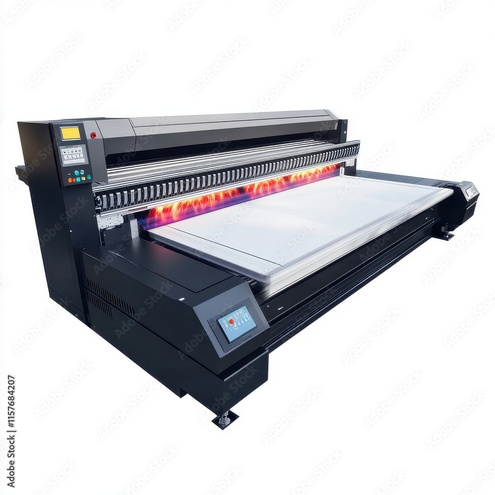 A modern industrial printer with vibrant color print capability, showcasing advanced technology and precision. A modern industrial printer with vibrant color print capability, showcasing advanced technology and precision.