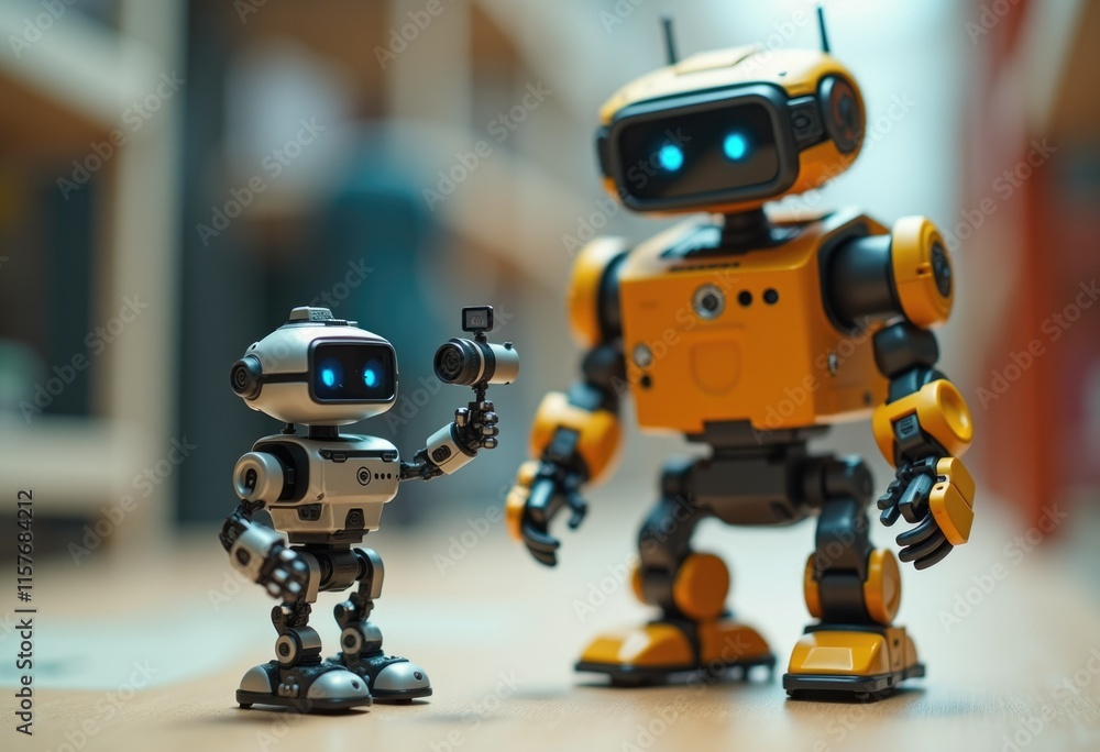 Two toy robots one yellow and one white stand side by side. Two toy robots one yellow and one white stand side by side.