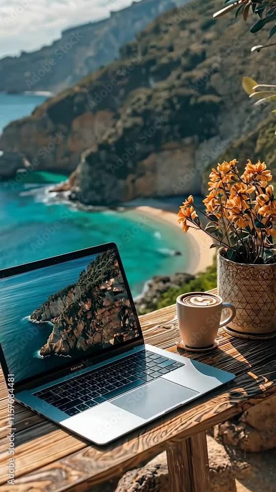 A laptop set up on a workspace overlooking the blue ocean, representing remote work and the balance of productivity with relaxation on vacation
