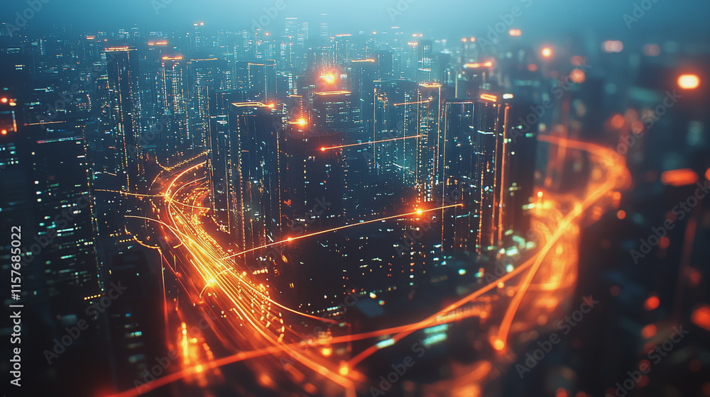 Obraz premium Smart digital Innovation city with connection network reciprocity over the cityscape. of future smart wireless digital city and social media networking systems that connects people with in city