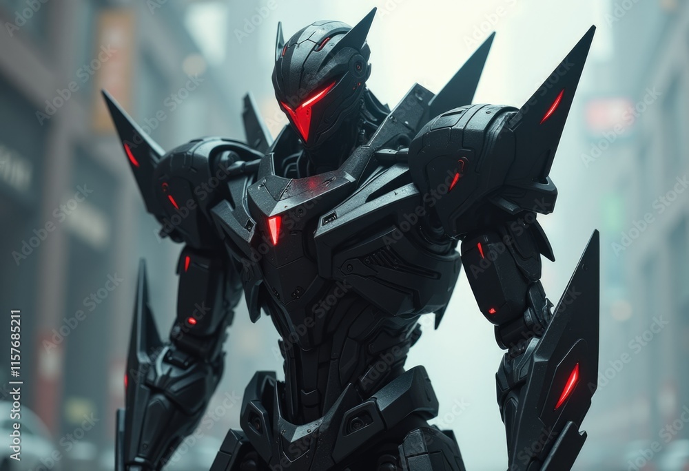 A sleek black robot stands in a city with glowing red eyes and sharp edges. A sleek black robot stands in a city with glowing red eyes and sharp edges.