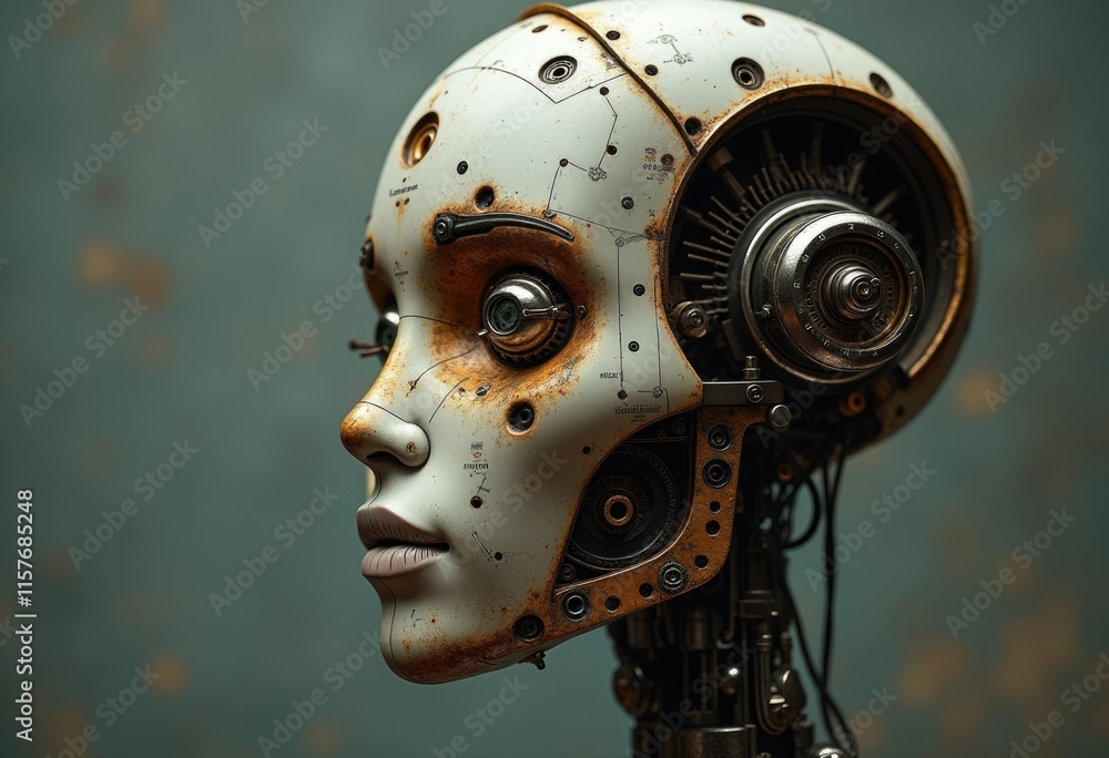A close up of a robotic head with exposed gears and wires. A close up of a robotic head with exposed gears and wires.