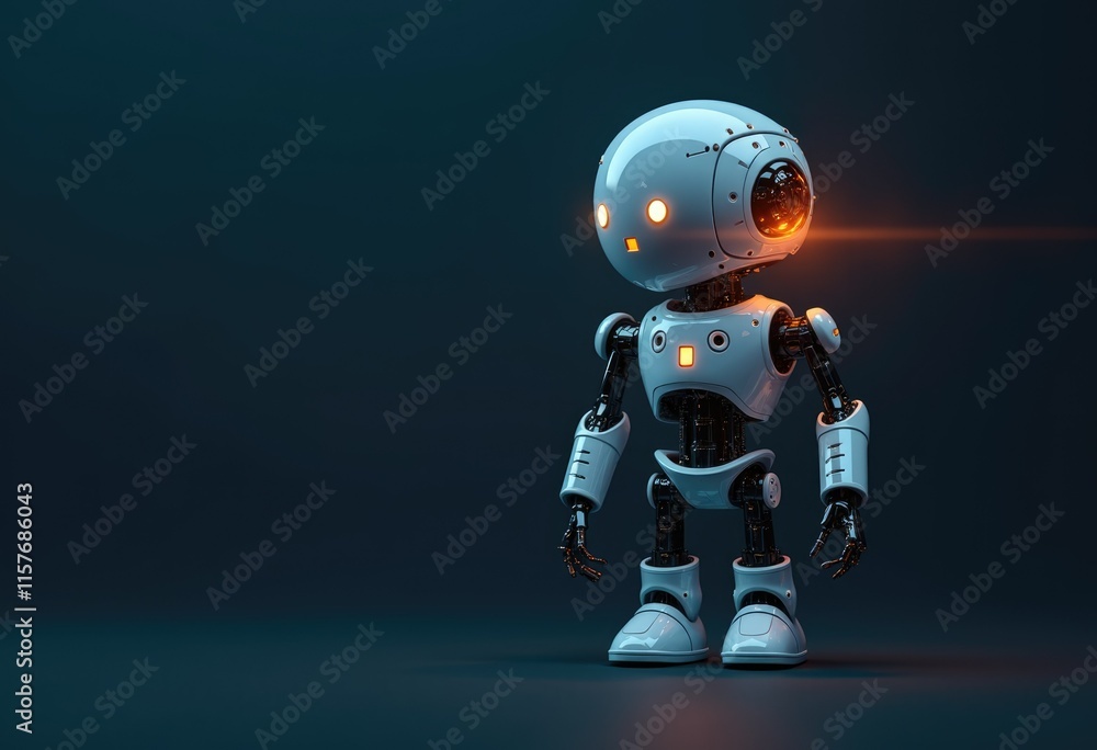 A white humanoid robot with glowing eyes stands on a dark blue background. A white humanoid robot with glowing eyes stands on a dark blue background.