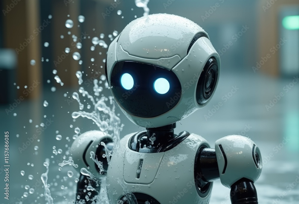 Fototapeta premium A white robot with blue glowing eyes stands in water water droplets spray around it.