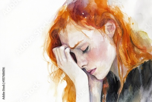 A watercolor painting of a red-haired woman