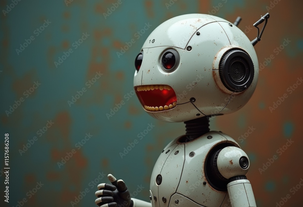 A white robot with red eyes and an open mouth standing against a green and brown background. A white robot with red eyes and an open mouth standing against a green and brown background.