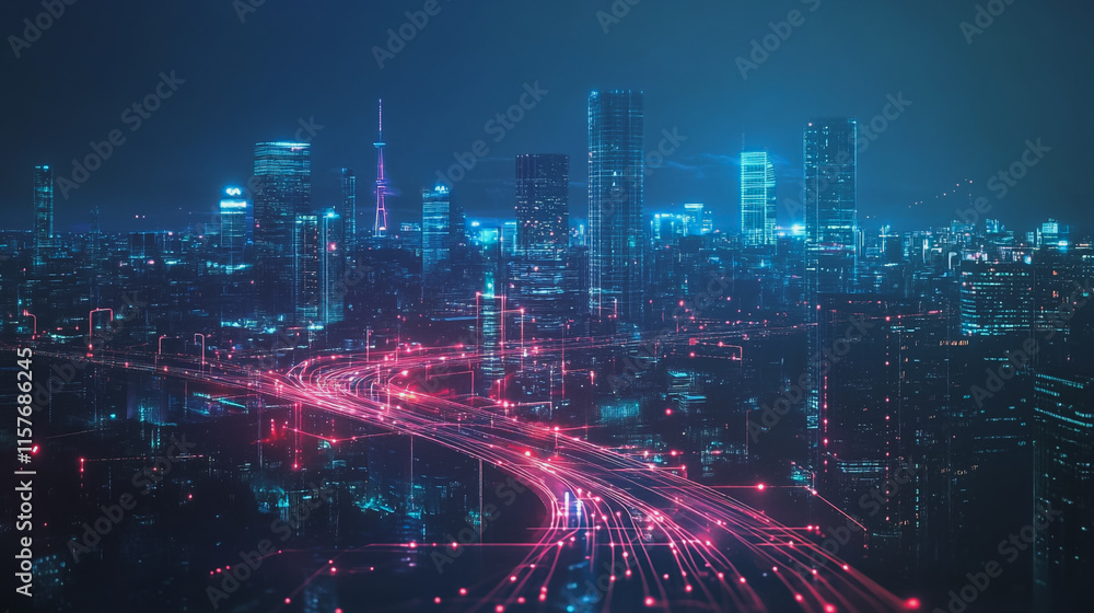 Smart digital Innovation city with connection network reciprocity over the cityscape. of future smart wireless digital city and social media networking systems that connects people with in city Smart digital Innovation city with connection network reciprocity over the cityscape. of future smart wireless digital city and social media networking systems that connects people with in city