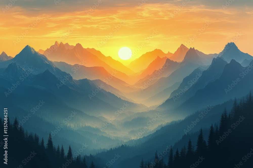 Obraz premium Sunrise over the mountain peaks with misty valleys in a serene landscape
