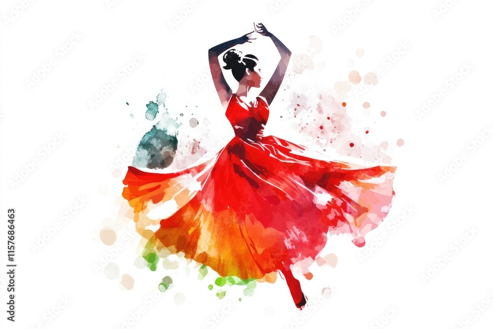 A woman wearing a bright red dress is the main subject of this watercolor painting A woman wearing a bright red dress is the main subject of this watercolor painting