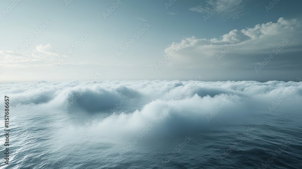 Fototapeta premium Serene seascape above fluffy clouds, ethereal sky.