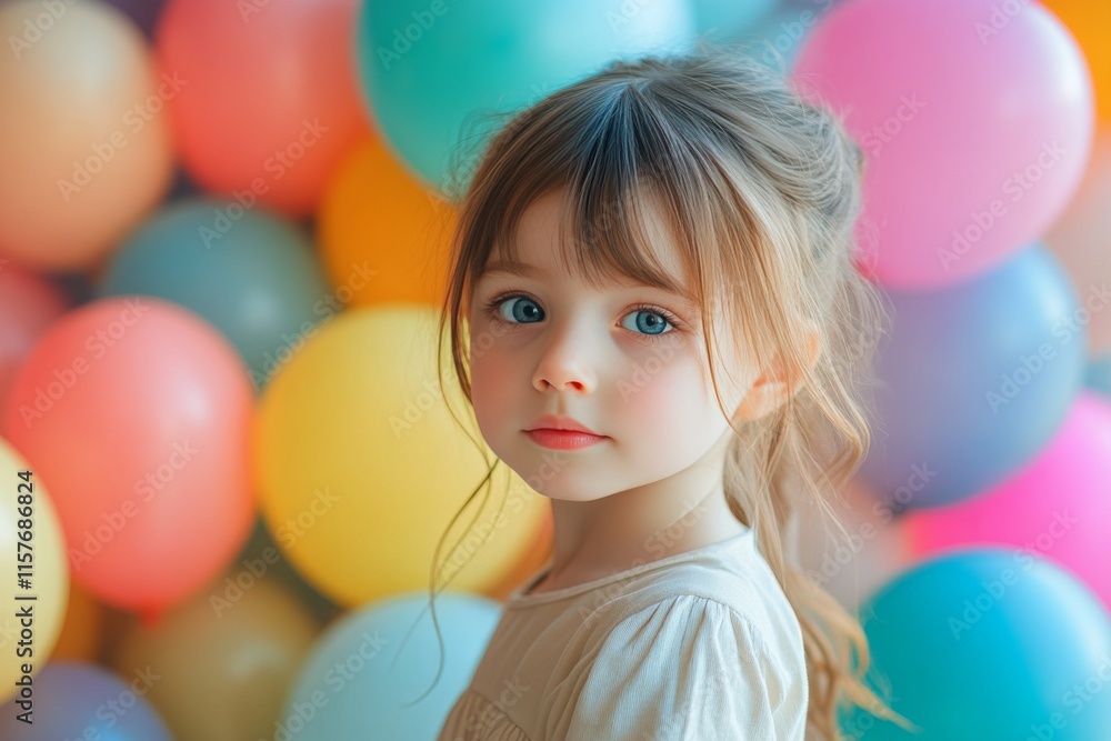 Young girl smiling in front of colorful balloons at a festive celebration Young girl smiling in front of colorful balloons at a festive celebration