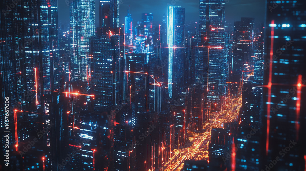 Smart digital Innovation city with connection network reciprocity over the cityscape. of future smart wireless digital city and social media networking systems that connects people with in city Smart digital Innovation city with connection network reciprocity over the cityscape. of future smart wireless digital city and social media networking systems that connects people with in city