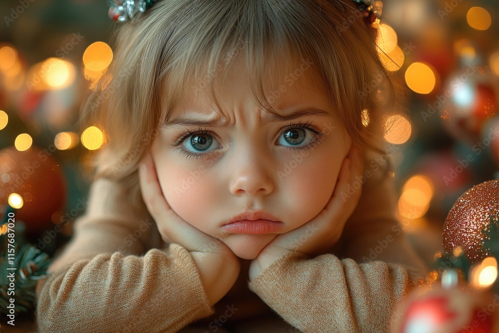 A young girl sits in front of a decorated Christmas tree, surrounded by festive decorations A young girl sits in front of a decorated Christmas tree, surrounded by festive decorations