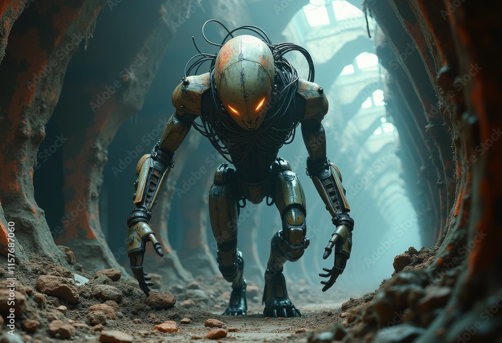 Fototapeta premium A robotic creature with glowing eyes crawls through a narrow tunnel in a futuristic environment.