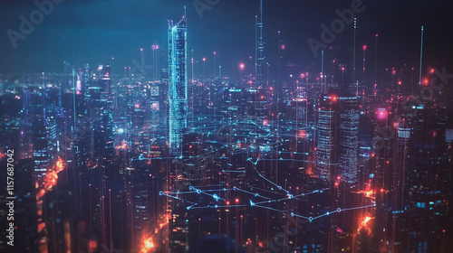 Smart digital Innovation city with connection network reciprocity over the cityscape. of future smart wireless digital city and social media networking systems that connects people with in city