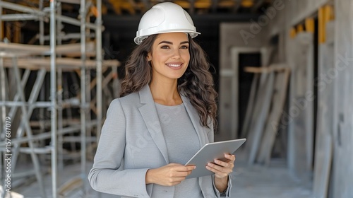 Confident female engineer in hard hat using tablet at construction site