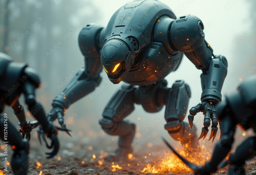 A robotic warrior in a gritty environment sparks fly as it engages in combat. A robotic warrior in a gritty environment sparks fly as it engages in combat.