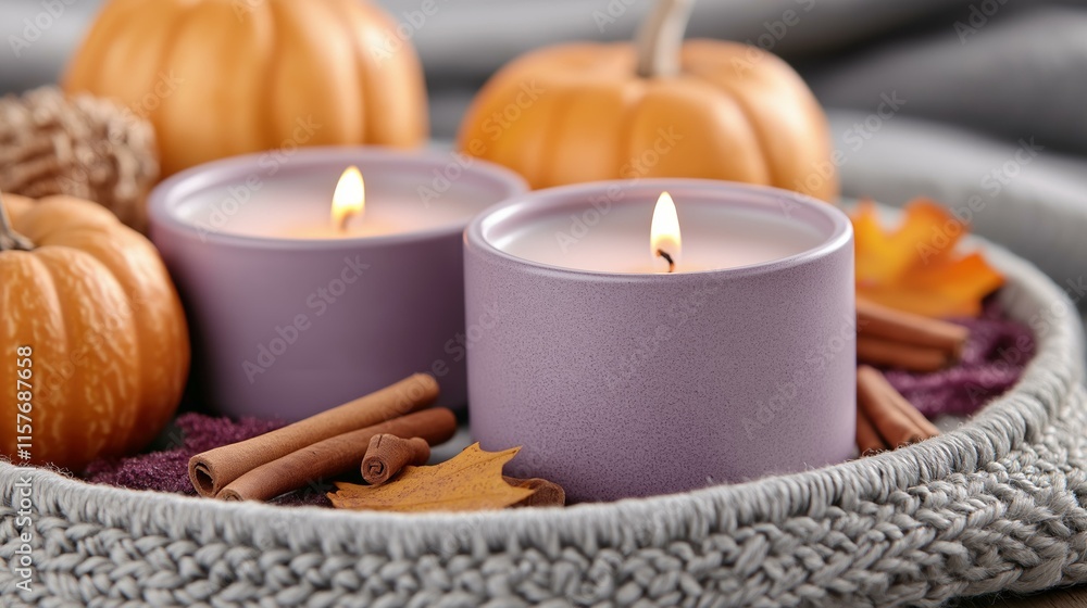 Cozy autumn vibes with lit candles and pumpkins on a knitted tray Cozy autumn vibes with lit candles and pumpkins on a knitted tray