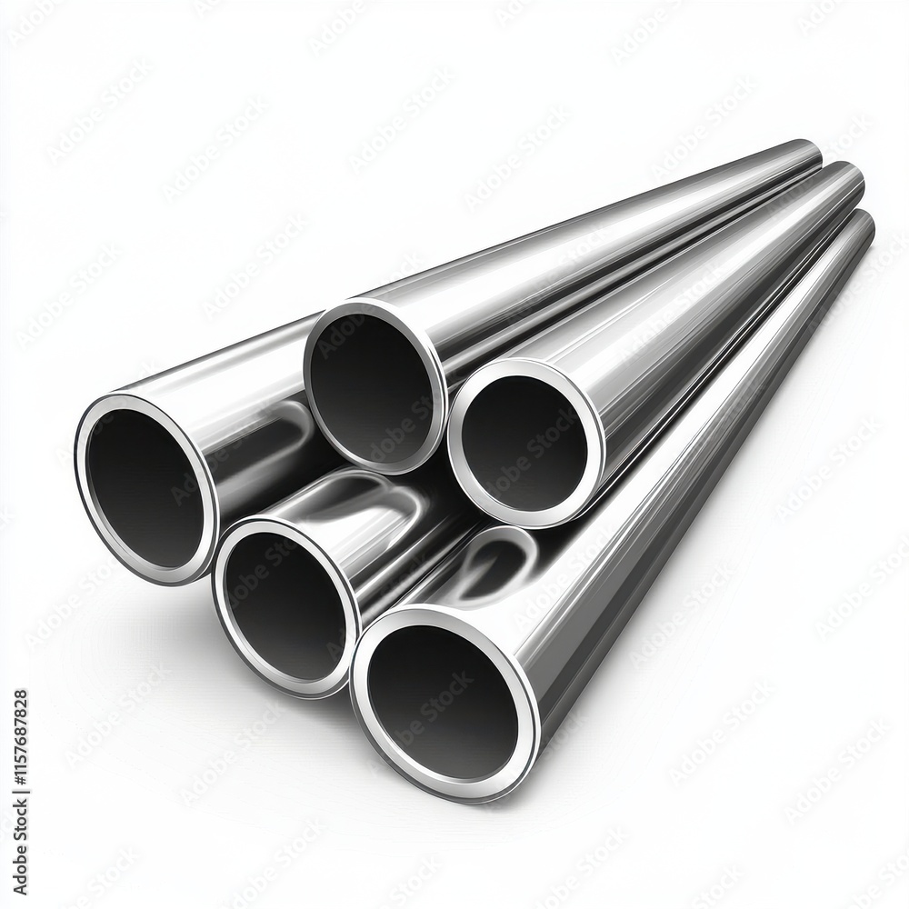 Fototapeta premium Five shiny metallic pipes arranged creatively on a white background.