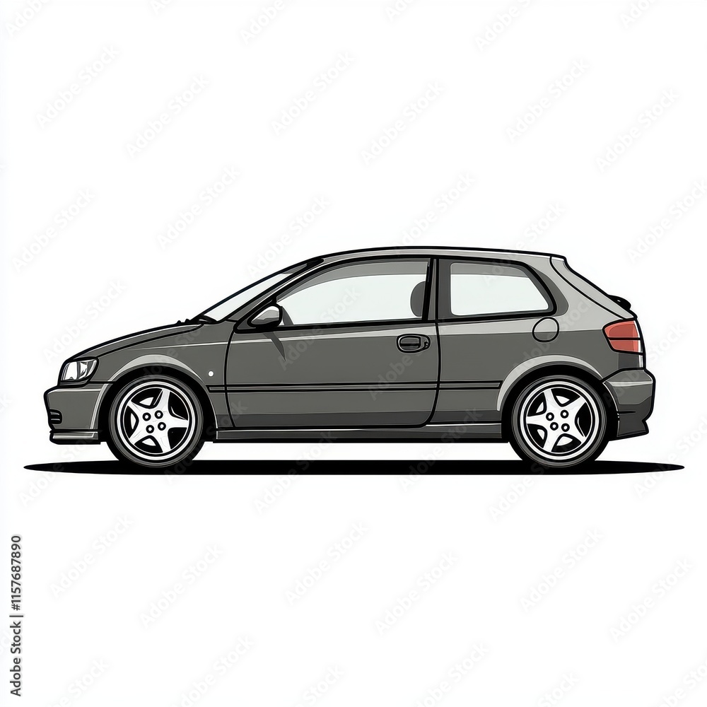 Stylized illustration of a sleek, gray hatchback car in a minimalist design. Stylized illustration of a sleek, gray hatchback car in a minimalist design.