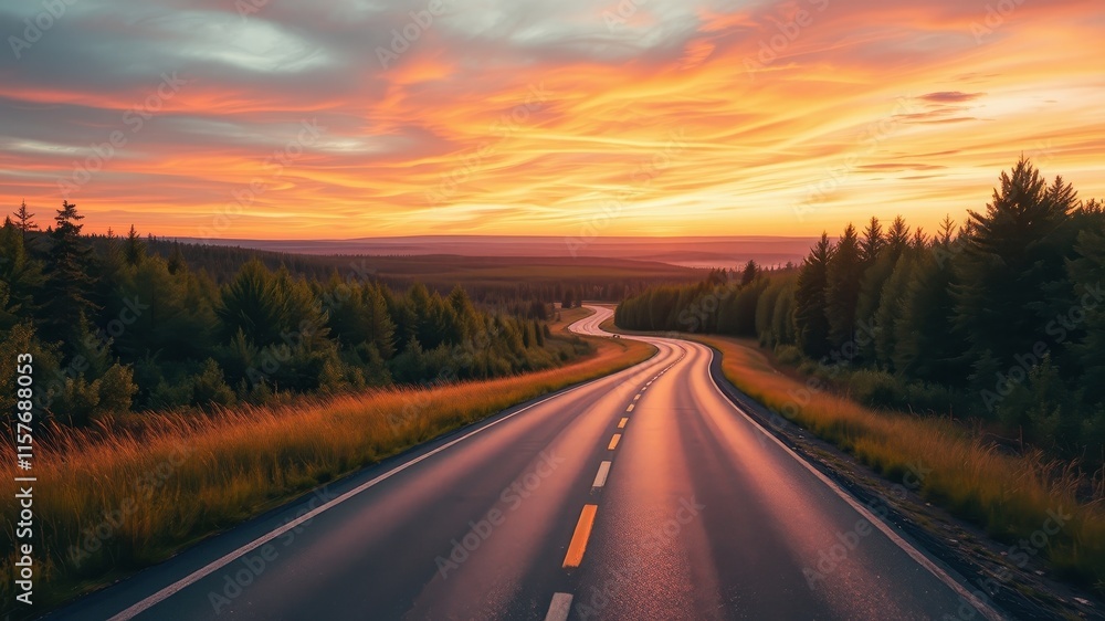 Serene Sunset Drive on a Winding Asphalt Road Through a Lush Forest Serene Sunset Drive on a Winding Asphalt Road Through a Lush Forest