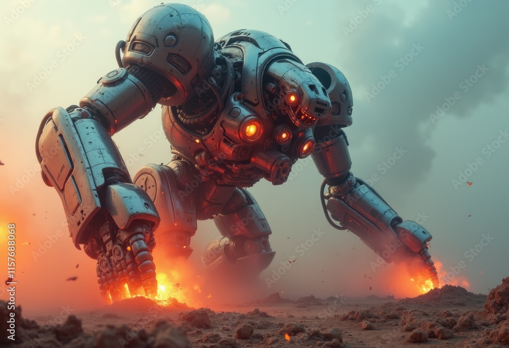 Fototapeta premium A giant metallic robot with glowing red eyes kneels on a dusty planet its hands emitting flames.