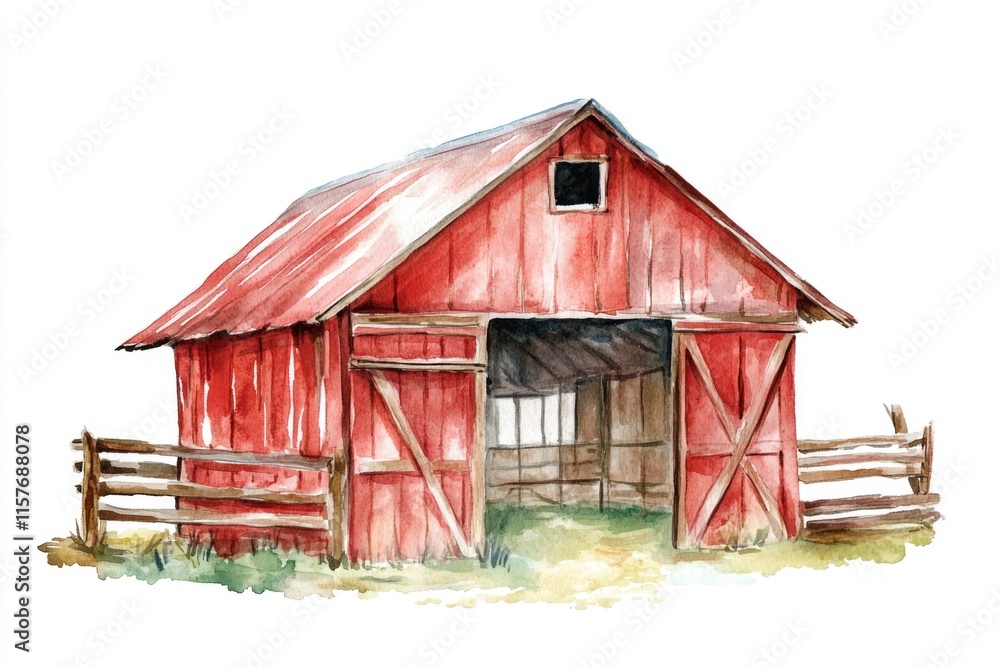 Watercolor painting of a red barn in a rural landscape Watercolor painting of a red barn in a rural landscape