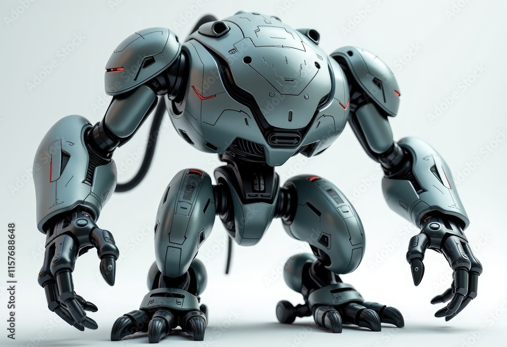 A futuristic robot with grey metallic armor and black claws posing against a white backdrop. A futuristic robot with grey metallic armor and black claws posing against a white backdrop.
