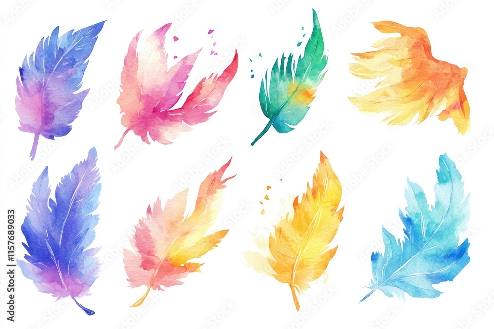 Colorful feather illustrations on a clean white surface, ideal for use in design projects or as decorative elements Colorful feather illustrations on a clean white surface, ideal for use in design projects or as decorative elements