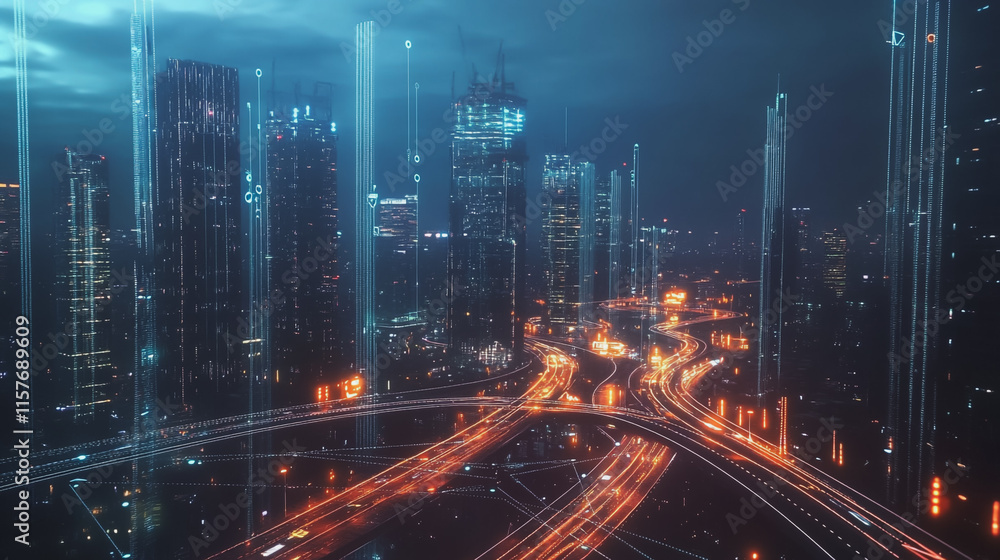 Smart digital Innovation city with connection network reciprocity over the cityscape. of future smart wireless digital city and social media networking systems that connects people with in city Smart digital Innovation city with connection network reciprocity over the cityscape. of future smart wireless digital city and social media networking systems that connects people with in city