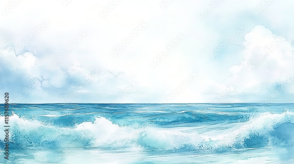 Watercolor painting of ocean waves and sky, on a white background Watercolor painting of ocean waves and sky, on a white background