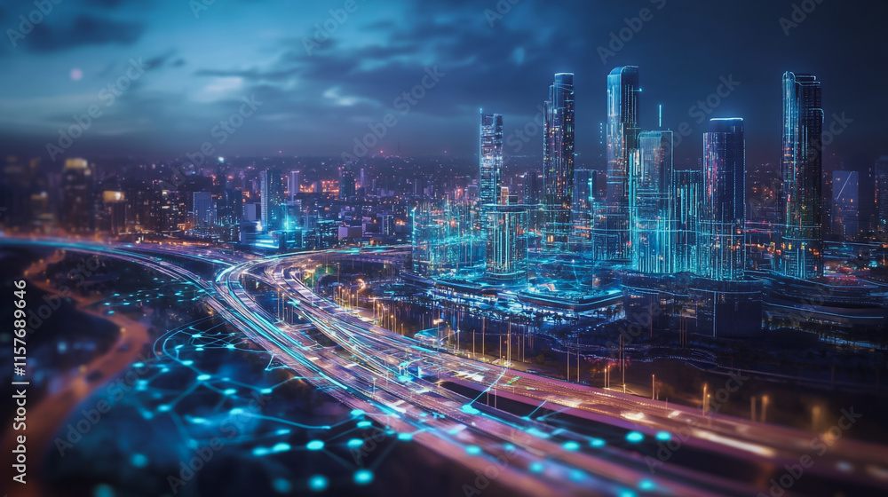 Fototapeta premium Smart digital Innovation city with connection network reciprocity over the cityscape. of future smart wireless digital city and social media networking systems that connects people with in city