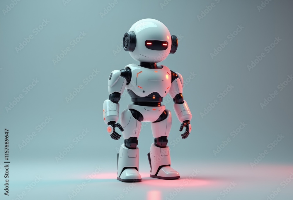 A white robot with red glowing eyes stands against a blue background. A white robot with red glowing eyes stands against a blue background.