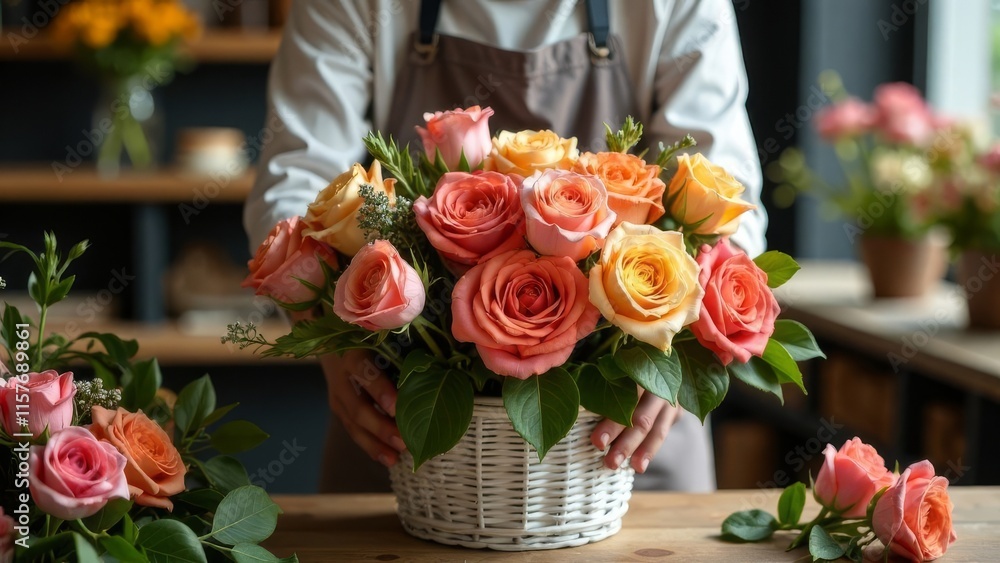 Girl florist collects a beautiful bouquet of flowers in a flower shop, close-up Girl florist collects a beautiful bouquet of flowers in a flower shop, close-up