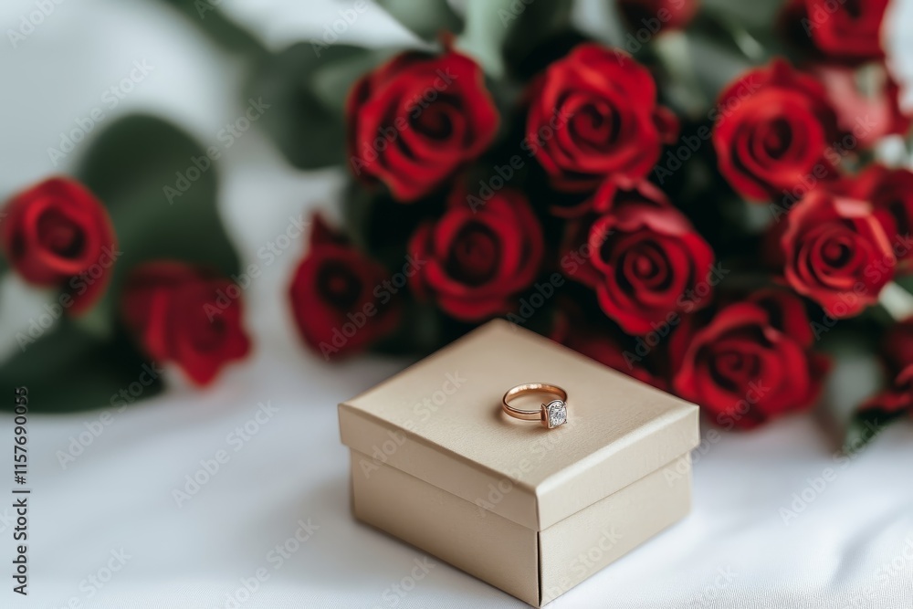 a small gift box with a ring, next to a bouquet of luxurious red roses, photo, on a white background a small gift box with a ring, next to a bouquet of luxurious red roses, photo, on a white background