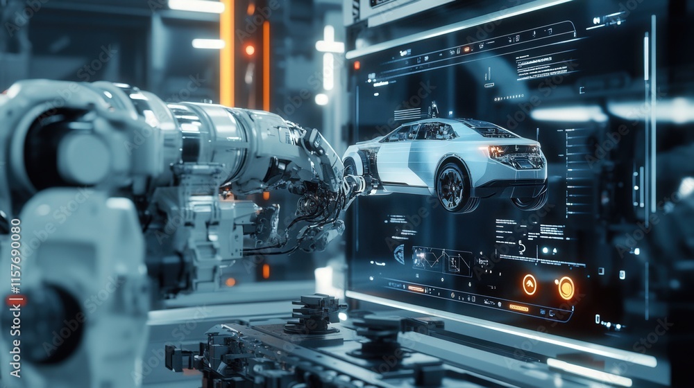Fototapeta premium side view of a car being built, with multiple robotic arms working on different sections. A holographic interface in the foreground shows real-time data and diagnostics