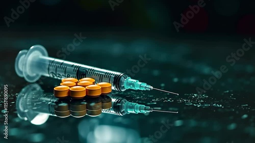 Close-up of a syringe and various pills on a table, symbolizing drug dependency, addiction, and substance abuse issues in society.