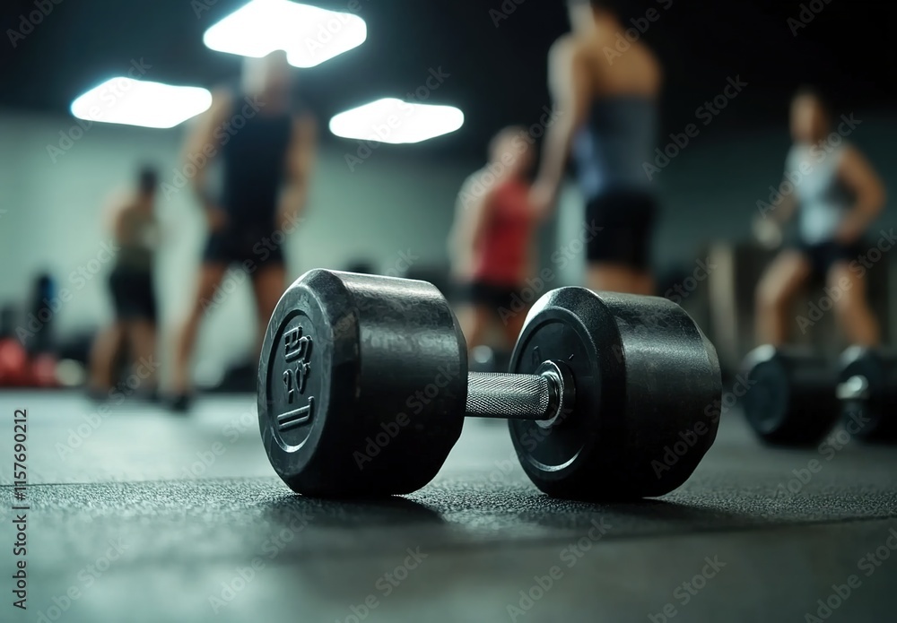 A close-up of dumbbells on the floor in the foreground, with people working out and doing CrossFit in the background. A close-up of dumbbells on the floor in the foreground, with people working out and doing CrossFit in the background.