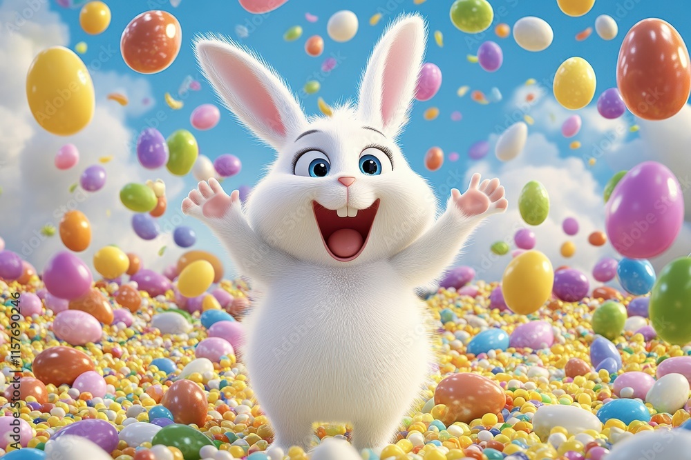 A cheerful Easter bunny joyfully celebrates amidst a vibrant sea of colorful eggs and delicious candy, truly embodying the festive cheer and the beautiful spirit of renewal that comes with spring A cheerful Easter bunny joyfully celebrates amidst a vibrant sea of colorful eggs and delicious candy, truly embodying the festive cheer and the beautiful spirit of renewal that comes with spring