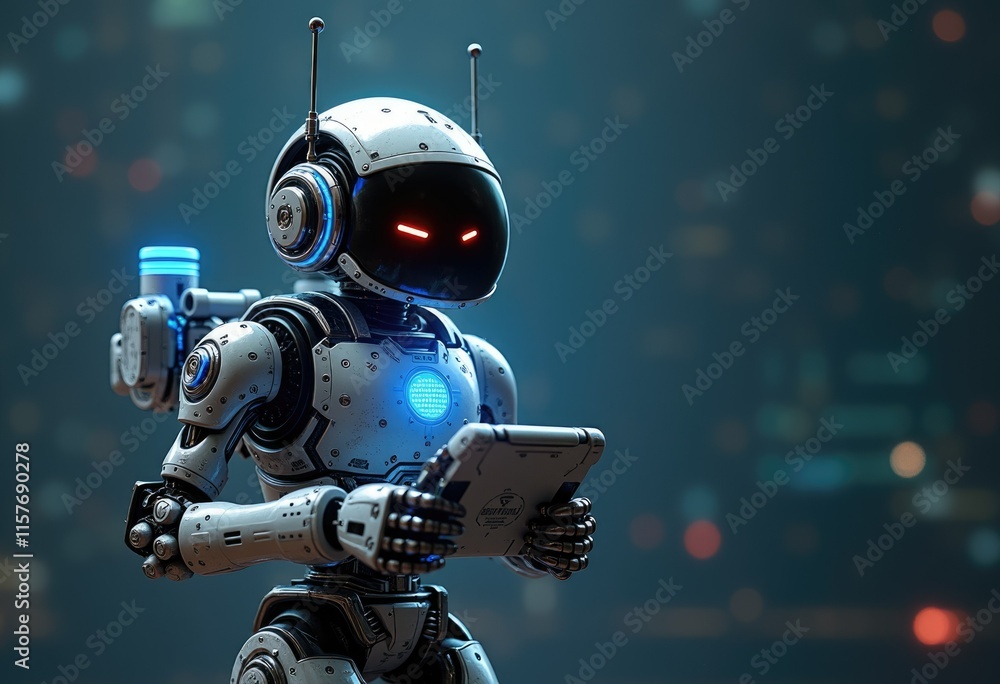 A futuristic robot with glowing eyes holds a tablet in front of a blurred background. A futuristic robot with glowing eyes holds a tablet in front of a blurred background.