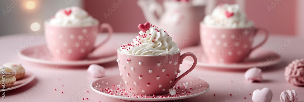 Valentine theme hot chocolate with whipped cream and sprinkles in pink cup, other dessert item on background Valentine theme hot chocolate with whipped cream and sprinkles in pink cup, other dessert item on background