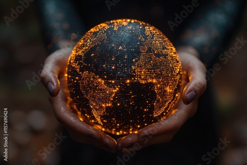 A person holds a radiant sphere, ideal for illustrations of hope, inspiration, or celestial themes photo