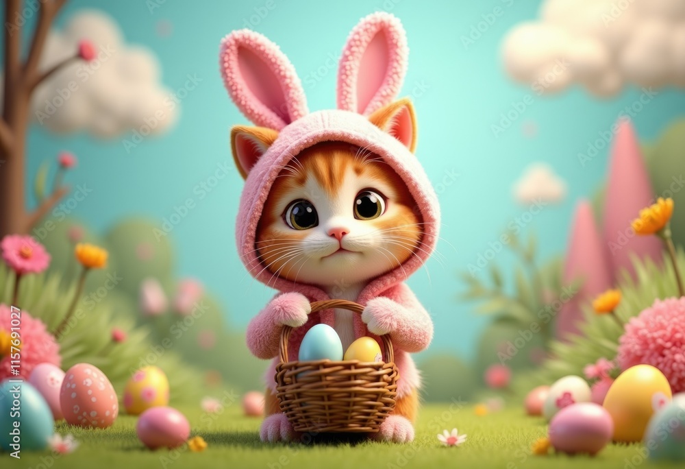Fototapeta premium Cute cartoon cat in a pink bunny costume holding an Easter basket.